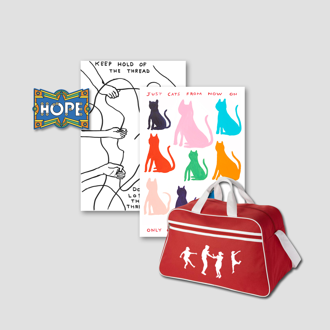 An exciting bundle of three rewards: Melanie Manchot’s retro dance bag, David Shrigley’s set of two tea towels and Supermundane’s Hope patch