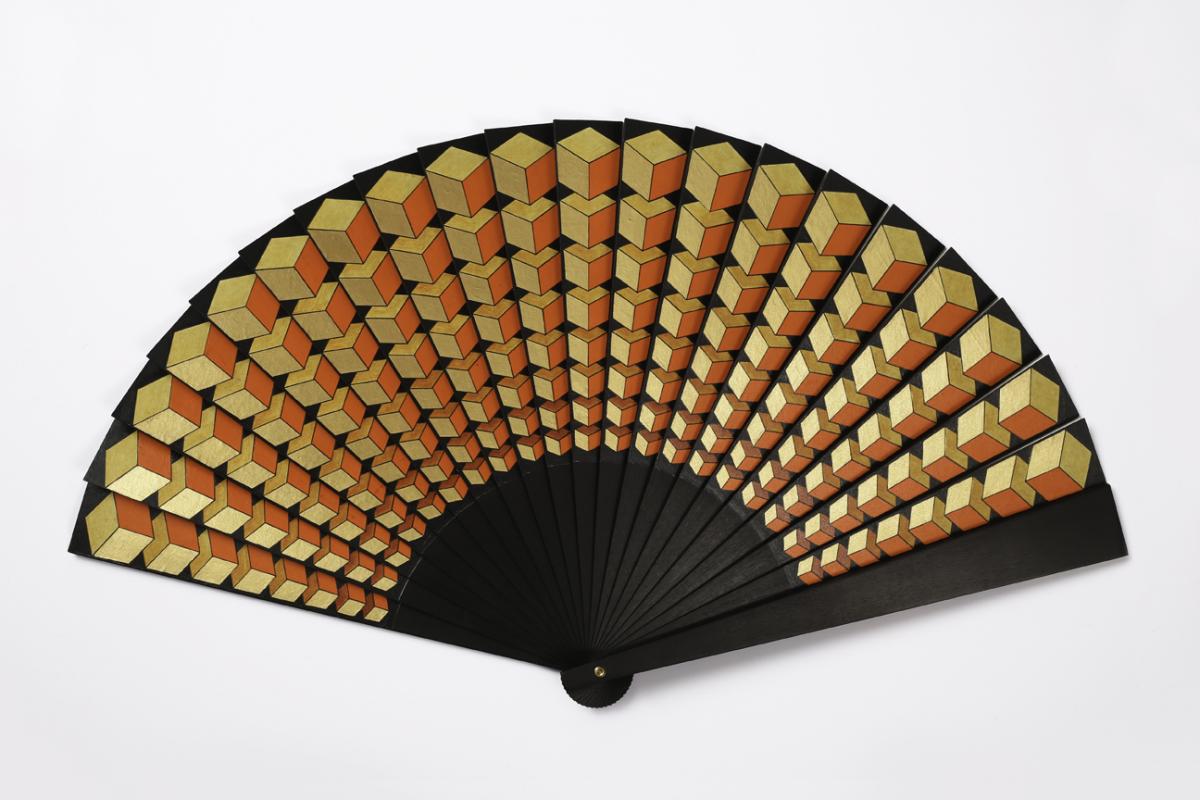 Geometric Pleats Sipo wood fan, the paper leaf painted with a bold geometric design.  Annatomix / Sylvain Le Guen, 2017 The Fan Museum Trust Collection