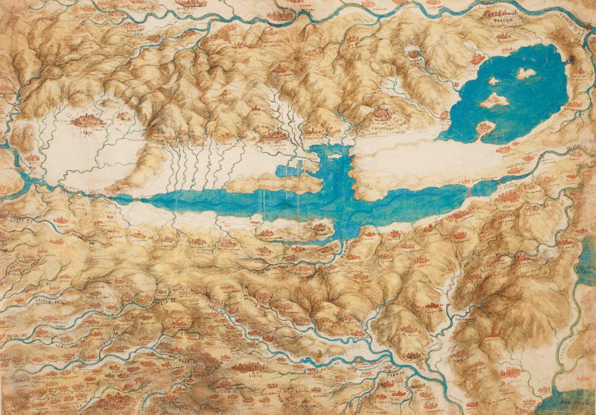 A Map of the Valdichiana, c1503-6. Black Chalk, Pen and Ink, Wash, Blue Bodycolour