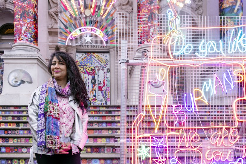 The artist in front of her installation at Tate Britain. Photo: © Tate 2020/Joe Humphrys